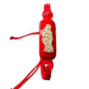 Santa Muerte Knotted Rope Bracelet Red Adjustable Santisima Wood Pendant NEW